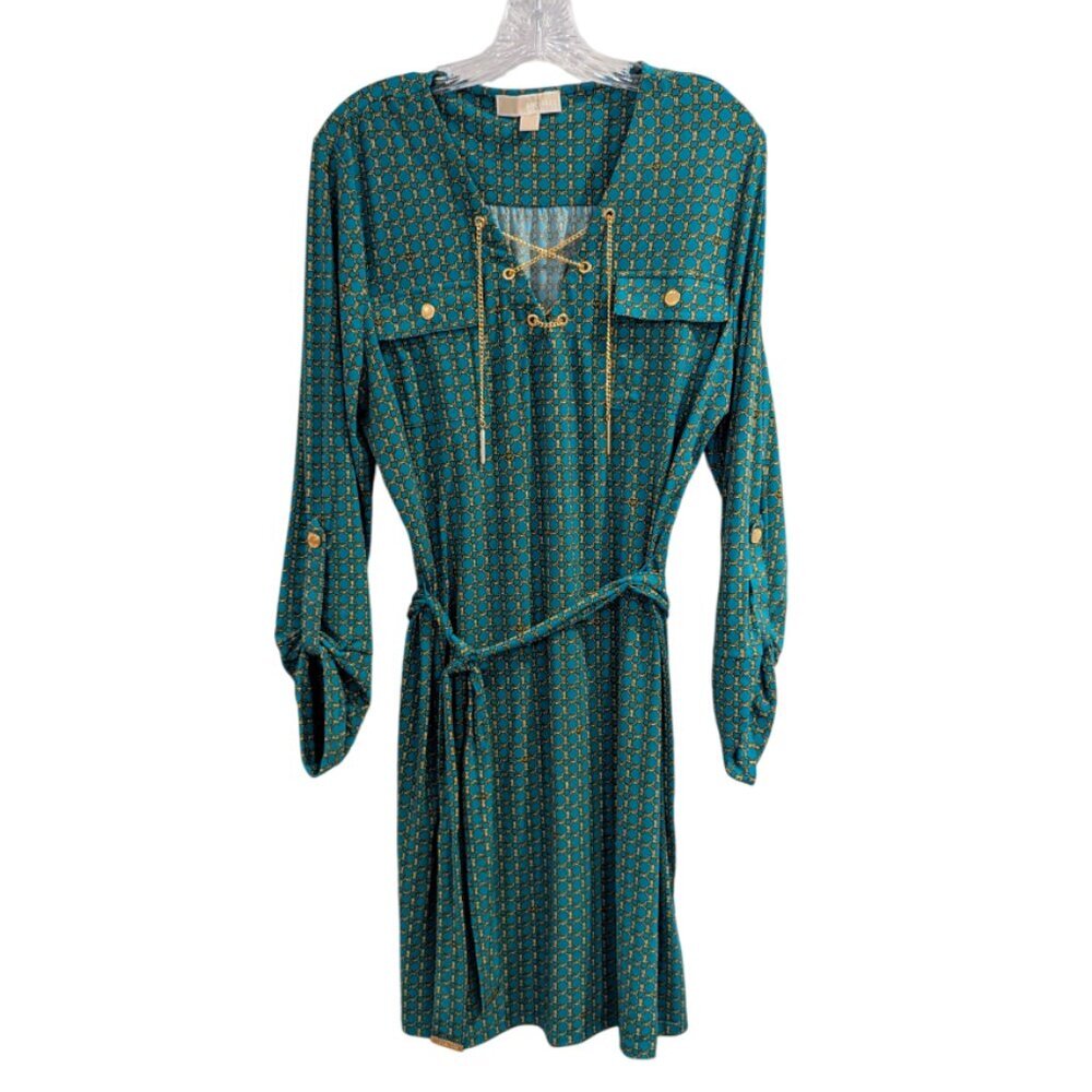 MICHAEL Michael Kors Chain Dress XL Turquoise Gold MK Logo Mob Wife